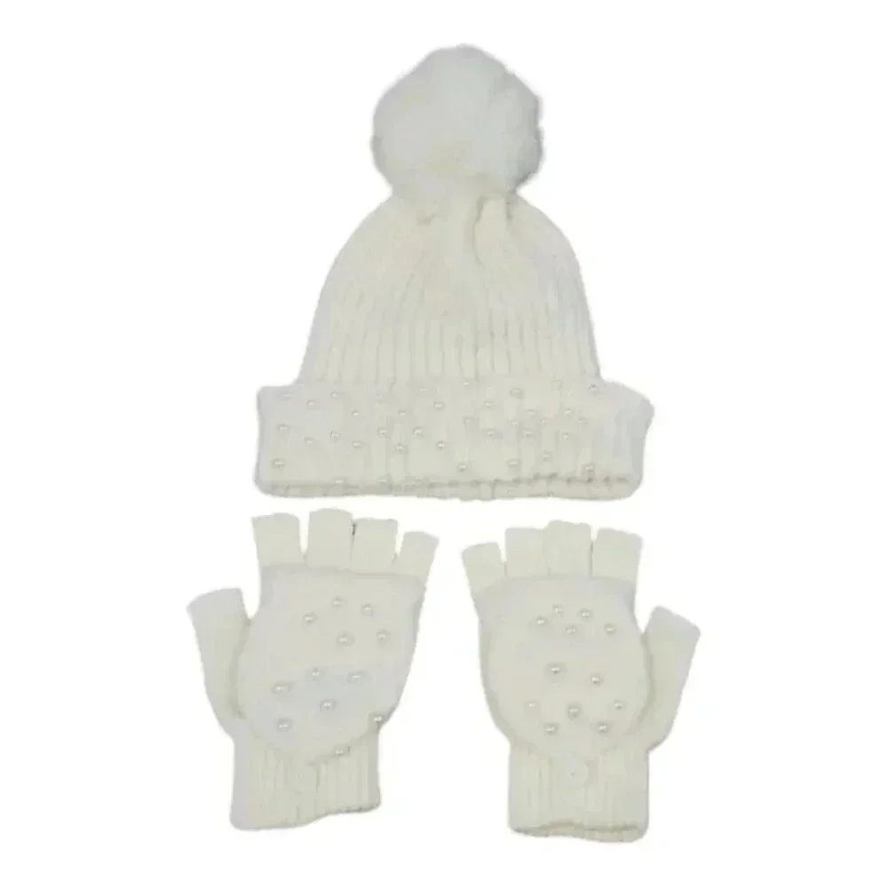 White Knit hat with Super Pom and Faux Pearl Accents Hat and Fingerles Glove set